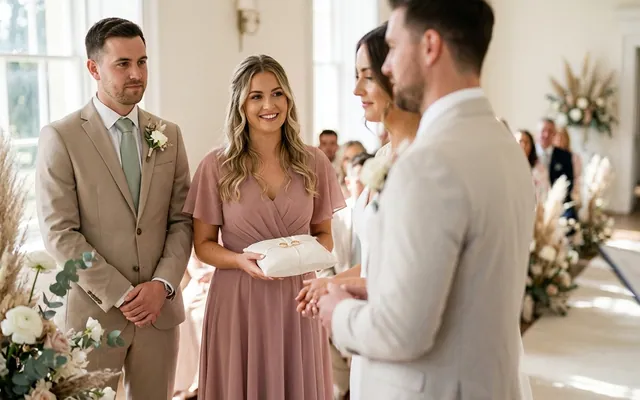 Best man and maid of honour standing next to the couple during the ceremony
