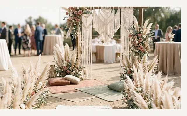 boho wedding table with pampas grass, dried flowers, and natural linen in warm light