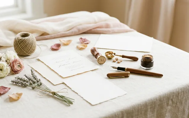 A handmade wedding invitation with dried flowers, a wax seal, and a QR code on textured, handmade paper