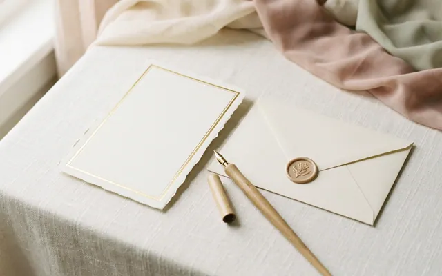 an elegant white wedding card with gold foil, wedding rings, and delicate flowers