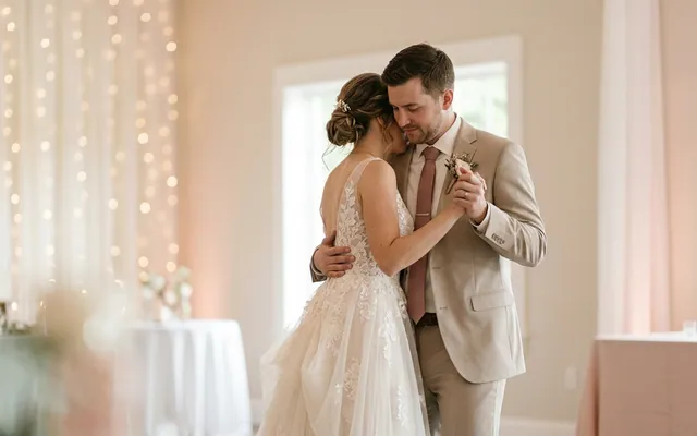 A newlywed couple shares their first dance on a dance floor lit with warm, ambient lights.