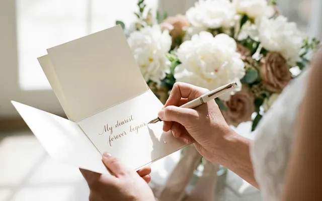Handwritten heartfelt wedding wishes on a card next to wedding rings and white flowers
