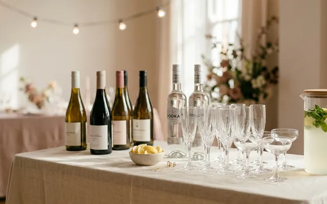A wedding reception table with bottles of vodka, wine, and champagne flutes set up for a toast