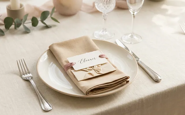 an elegantly set wedding table with a plate, cutlery, and a place card
