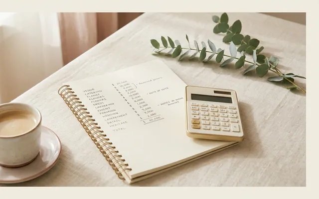 an elegant wedding budget calculator, envelopes, and wedding rings on a light-coloured table