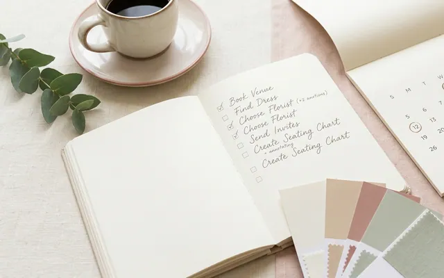 couple planning a wedding with a checklist, calendar, and laptop
