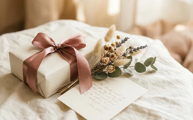 an elegant gift box with a ribbon and a white flower on a cream background