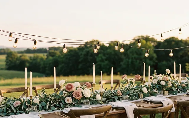 outdoor wedding table under a string of lights at sunset