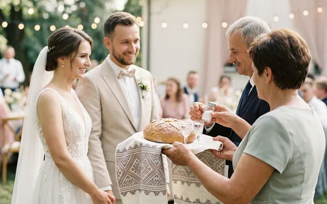 Parents welcoming the newly married couple with bread and salt before the wedding reception