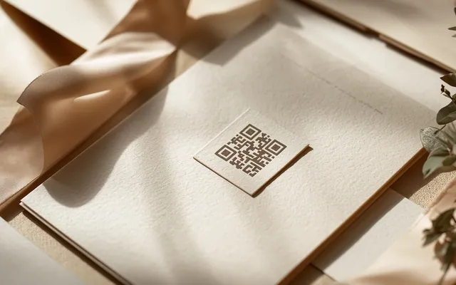 elegant enclosure card with a QR code next to a wedding invitation