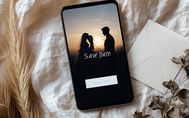 A Save the Date on a phone screen next to a calendar and flowers, an elegant still life
