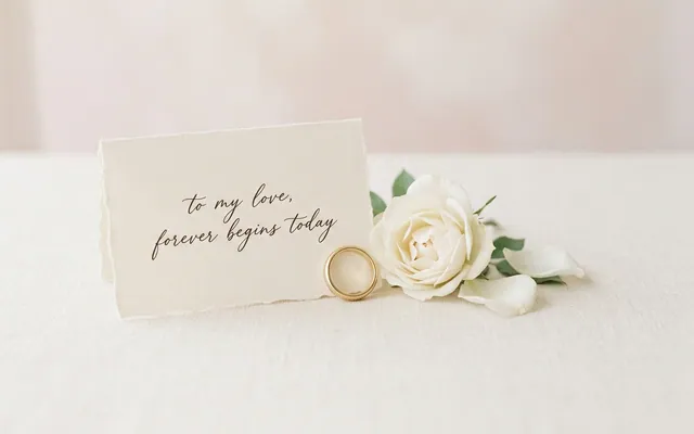 a white wedding card with a short handwritten wish, wedding rings, and delicate flowers