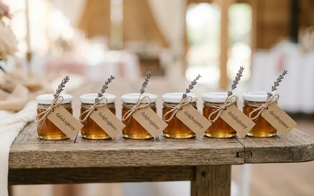 A wooden crate with small jars of honey, candles, and thank you notes as wedding favours for guests.