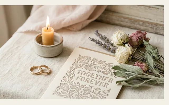 An elegant wedding anniversary card, two wedding rings, and a candle