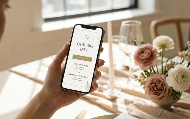 couple using a wedding app on their phone, guests scanning a QR code at a table
