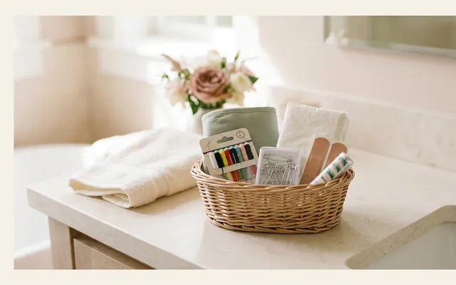 A wicker wedding bathroom basket in a venue toilet, filled with tissues, plasters, and toiletries.