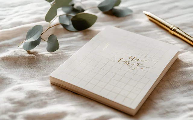 An elegant wedding bingo card resting on a linen tablecloth with eucalyptus leaves.