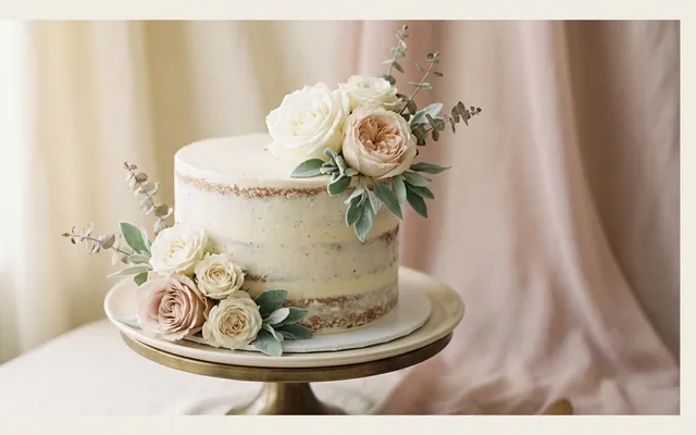 elegant tiered wedding cake decorated with fresh flowers on a white table