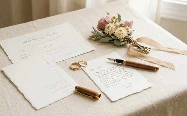 wedding documents, rings, and a fountain pen on an elegant table at a registry office