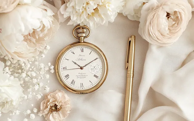 An elegant wedding schedule card, a pocket watch, and white peonies