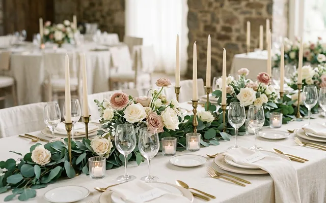 an elegantly decorated wedding venue with candles, flowers, and string lights