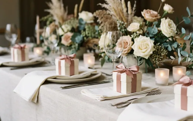 Small jars of honey with 'thank you' tags on a rustic table, with flowers in the background