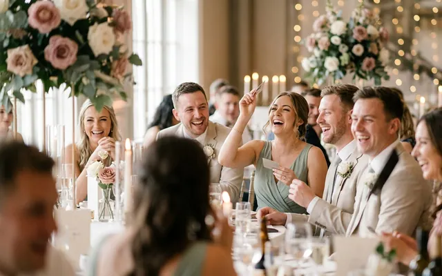 laughing wedding guests having fun on the dance floor during a game
