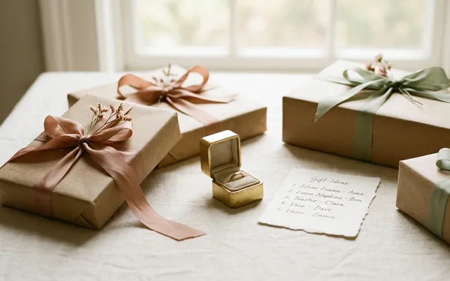 elegantly wrapped wedding gifts and an envelope next to a wedding invitation