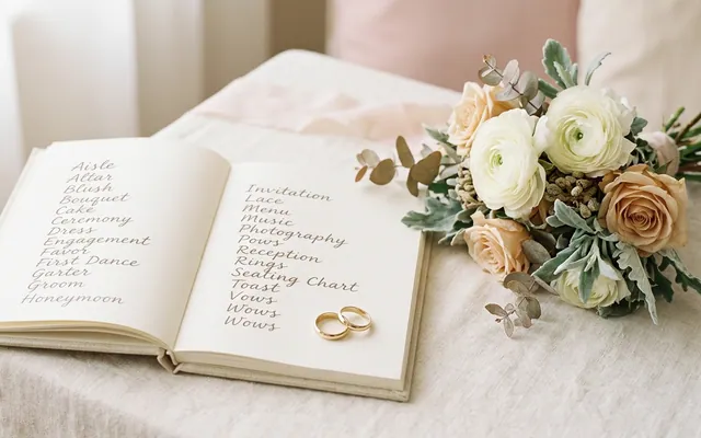 An open notebook with wedding terms, wedding rings, and a bouquet on a light background