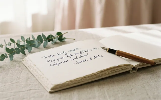 An open wedding guest book with a handwritten entry and a pen