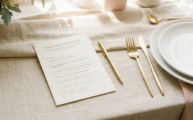 A wedding guest survey with questions being filled out on a wooden table