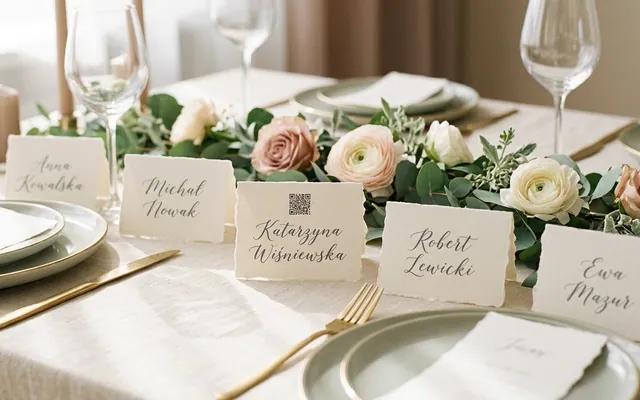 elegant wedding place cards with guest names on a set table