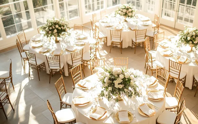 an elegant wedding table plan with white round tables and floral arrangements