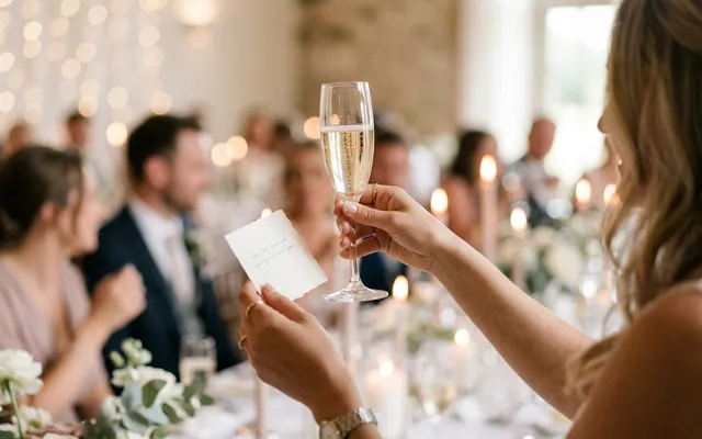 A best man raises his glass to give a wedding toast at the reception table