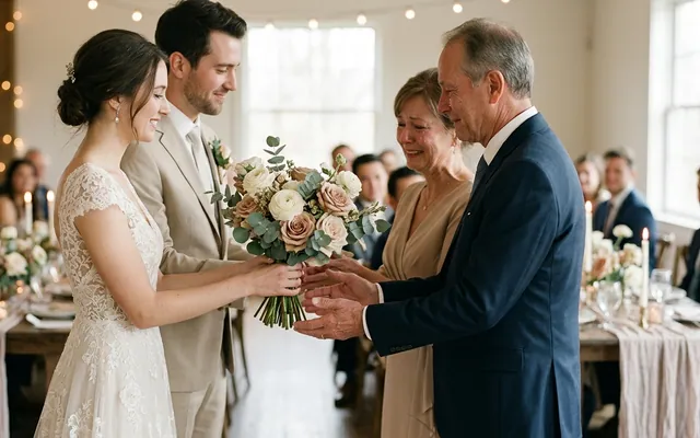 couple giving flowers to their parents during the wedding reception