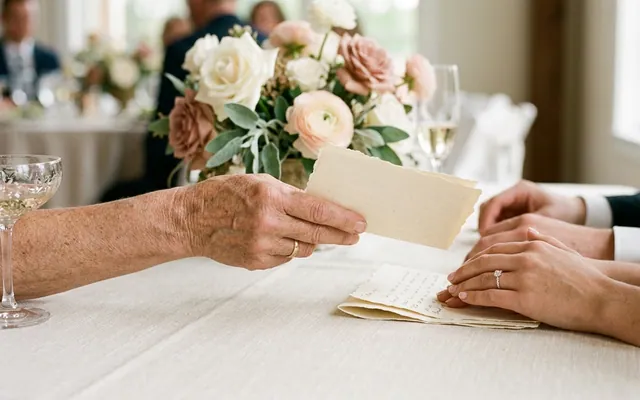 parents giving wedding wishes to the couple at the reception table, a touching moment