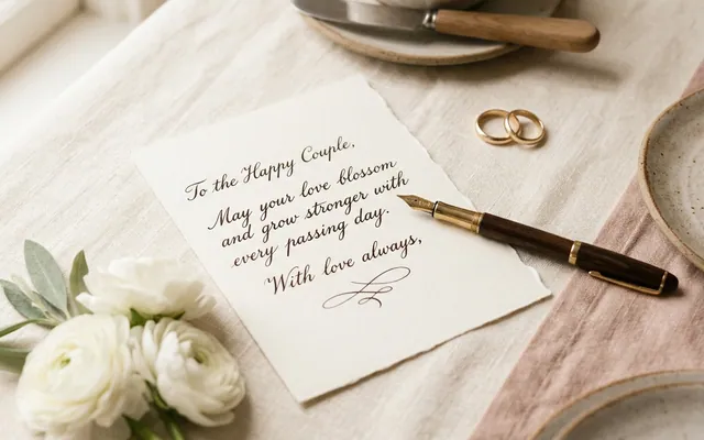 an elegant wedding card with handwritten wishes, wedding rings, and white flowers
